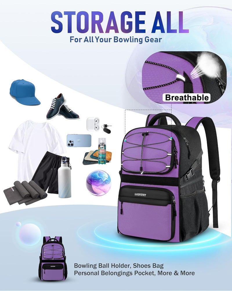 LOINTET Bowling Ball Bag, Single Bowling Backpack with Shoe Totes Bag Up to Size 16, Padded Ball Holder Bag, Accessories Gifts for Lovers/Player, Black - Image 2